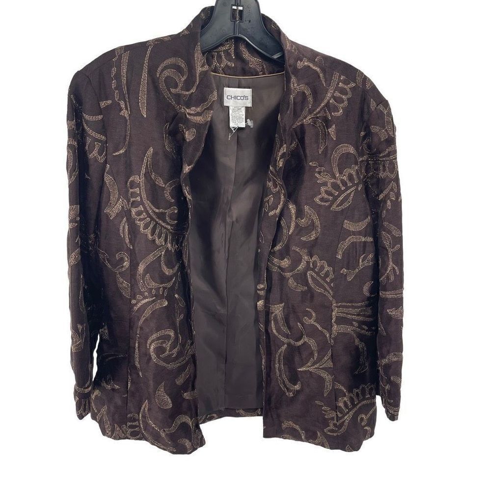 Chico's Womens Blazer Jacket Embroidered Brocade Metallic Brown Gold Size 1